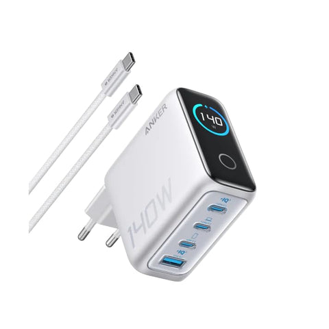 شاحن جداري أنكر زولو بقوة 140 واط بتقنية الشحن السريع PD، بتقنية GaN، مزود بثلاثة منافذ USB-C ومنفذ USB-A واحد، وشاشة لمس، متوافق مع أجهزة iPhone وSamsung وPixel وMacBook وChromebook وAirPods وغيرها، لون فضي، ضمان لمدة 18 شهرًا (فضي)