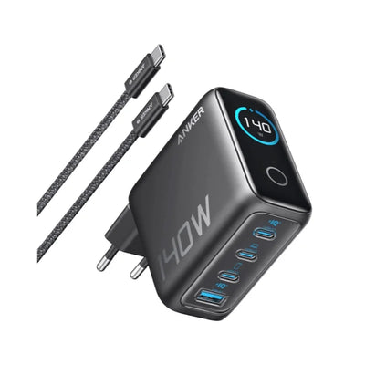 شاحن جداري أنكر زولو بقوة 140 واط بتقنية الشحن السريع PD، بتقنية GaN، مزود بثلاثة منافذ USB-C ومنفذ USB-A واحد، وشاشة لمس، متوافق مع أجهزة iPhone وSamsung وPixel وMacBook وChromebook وAirPods وغيرها، لون فضي، ضمان لمدة 18 شهرًا (فضي)