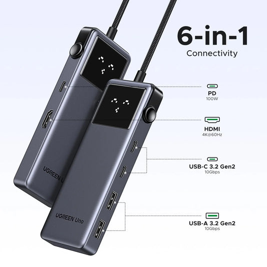 موزع UGREEN 6 في 1 USB-C - محول متعدد المنافذ مع منفذ HDMI بدقة 4K وقوة 100 واط