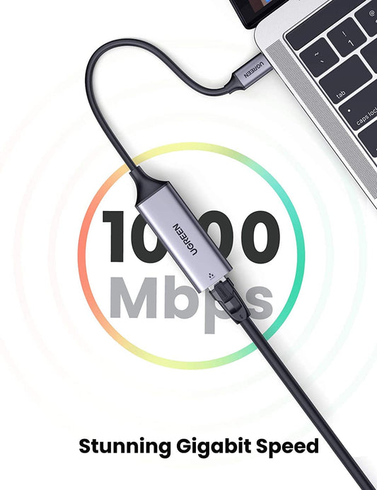 محول Ugreen من USB-C إلى إيثرنت، جيجابت من النوع C إلى RJ45، شبكة سلكية Thunderbolt 3 LAN، متوافق مع MacBook، Surface Pro، iPad Pro 2021، Switch، PS5، XPS 15/13، Galaxy Tab Mini (50737)