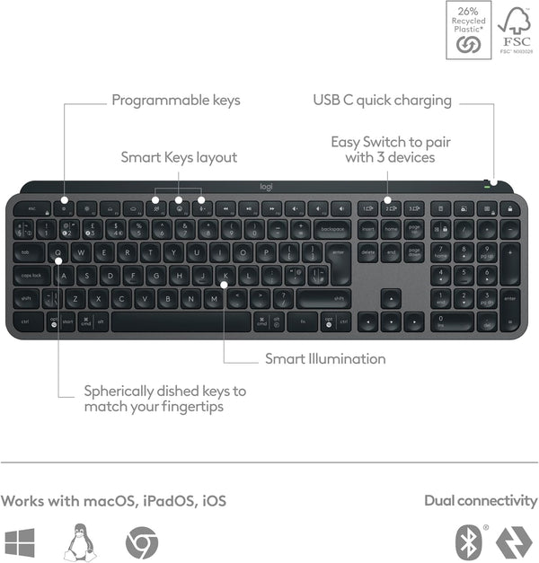 Logitech MX Keys S Wireless Keyboard - Advanced Low-Profile Backlit Keyboard with Smart Illumination & Bluetooth/Logi Bolt - Graphite