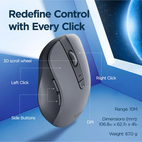 ماوس لينوفو WL310 بلوتوث صامت، تصميم مريح، متوافق مع ويندوز وماك؛ دقة DPI قابلة للتعديل، بلوتوث 5.0، رمادي
