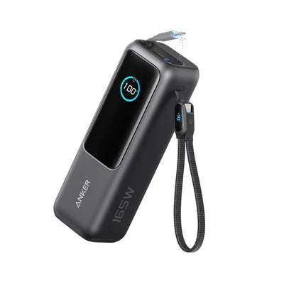 باور بانك أنكر لأجهزة الكمبيوتر المحمولة مع منفذي USB-C مدمجين وكابل قابل للسحب، 25000 مللي أمبير/ساعة، 165 واط - A1695H11 - أسود