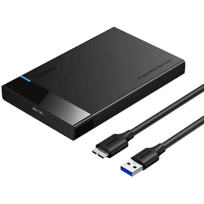 علبة هارد ديسك خارجي UGREEN US221 مقاس 2.5 بوصة بمنفذ USB 3.0 إلى SATA - حافظة سريعة بسرعة 5 جيجابت في الثانية لهارد ديسك HDD/SSD مع دعم تقنية UASP - لون أسود (مفتوحة العلبة)